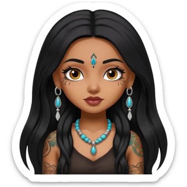 an ios genmoji for a pretty bratz indian girl with black long hair  tattooed, beautiful girl sticker