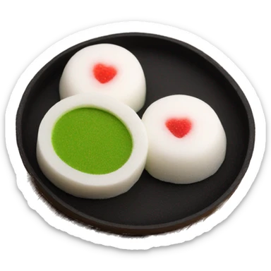 round shape mochi with white skin and matcha with strawberry inside. Cut in half so the inside can be seen sticker