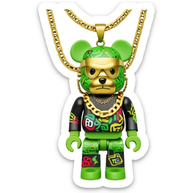 classic bearbrick figure with lime green mask covered in chaotic brand logos, wearing several large gold chains, gold pendant, rapper style accessories, expressive eyebrows sticker