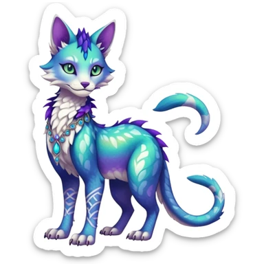 Kawaii iridescent beautiful pretty elegant divine edgy fantasy feline-vernid-sergal-fursona-animal-creature with accessories, full body, with intricate detailed markings sticker