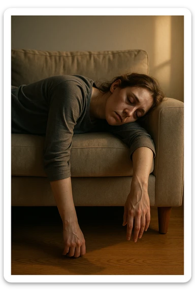 Empathetic photorealistic shot of a woman collapsed on a sofa, her body completely limp as if made of lead. One arm hangs off the edge, touching the floor. Her eyes are closed, face pale with dark circles. The afternoon light is warm but fails to energize the scene, emphasizing her profound exhaustion. sticker