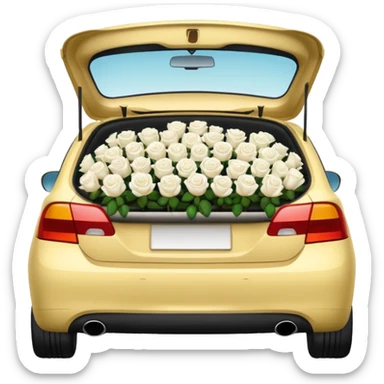 side view of car, trunk filled with white roses, emoji style sticker