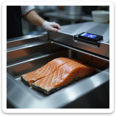 close-up of whole salmon being placed into a professional blast chiller, digital display showing -20°C, professional kitchen environment, realistic 4K style sticker