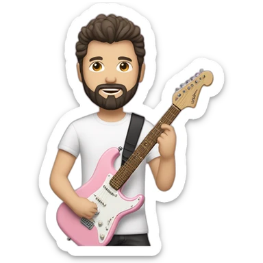 white man with dark beard and black t shirt and pastel pink stratocaster electric guitar sticker