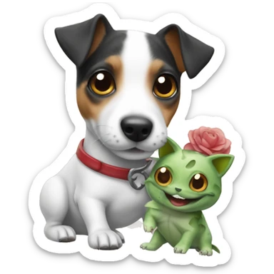 Jack russell terrier with a doll bulbasaur  sticker