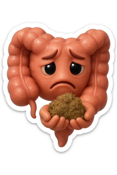 EMOJI STILE IPHONE 3D DI un intestino con espressione triste mentre tiene in mano delle fibre fermentate a poltiglia, FALLO MOLTO REALISTICO IN 3D sticker