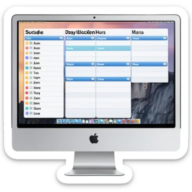 front-facing iMac showing a day schedule with vertical hours (9am, 10am, 11am) and horizontal client slots, some slots clearly booked sticker