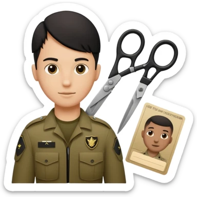 Floating black Scissors cutting in half an idf soldier ID card with a little chip in 2 parts .hyper realistic sticker