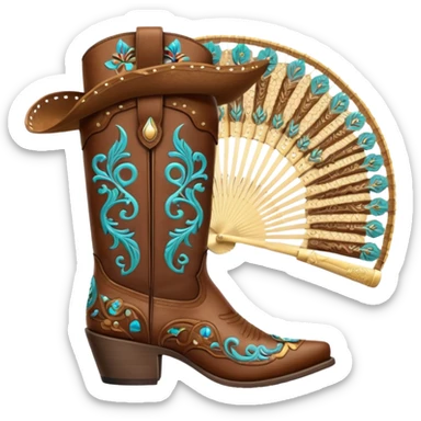 Cowboy boots in front of an open hand held fan sticker