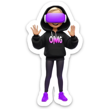 Russian girl wearing black hoody with violet letters "OMG", in vr headset oculus quest2. Dancing. Cyberpunk style. Violet neon. sticker