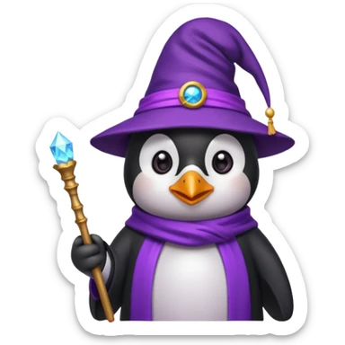A penguin wizard with a purple hat and a magic wand sticker