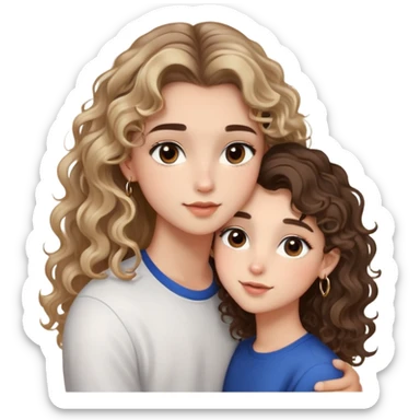 cute girl (long brunette balayage curly/wavy not voluminous hair, brown eyes, hoop earrings, natural pretty clean makeup): kissing on the cheek a cute boy (blondish SUPER STRAIGHT hair and brown eyes and a cute face) sticker