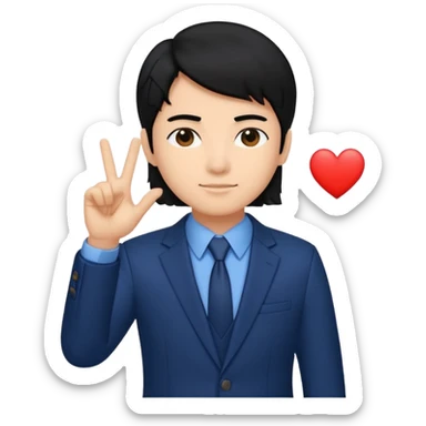 Copy this photo, the face like the same with finger heart 🫰🏻 and dark blue suit , the hair color is black sticker