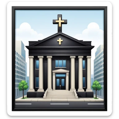 bank building with a cross over it, canceled bank sticker