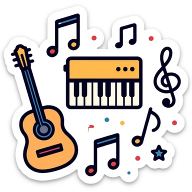 music icons with piano, guitar, and musical notes sticker