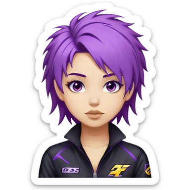 A street racer girl with messy purple hair, black jumpsuit, sticker
