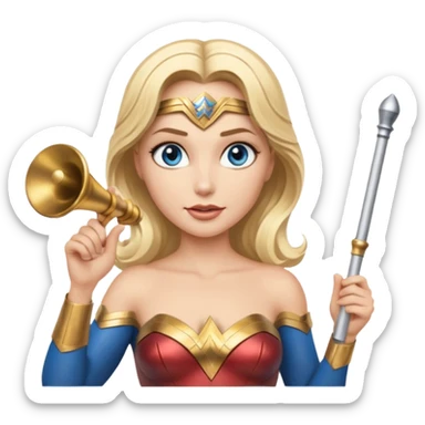 Blonde blue eyed Wonder Woman holding white orchestra conductor’s baton and bell  sticker