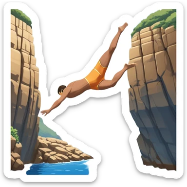 A diver mid-air, diving from a rocky cliff into the sparkling blue ocean below. The background shows a dramatic cliffside and clear sky, capturing the daring and exhilarating nature of cliff diving, with the water below ready to embrace the plunge. sticker