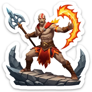 An icon showing a powerful warrior wielding a weapon, ready for battle, inspired by God of War: Ragnarok. The design features a fiery, war-torn landscape with broken statues and lightning in the sky, symbolizing epic combat. Transparent background highlights the action. sticker