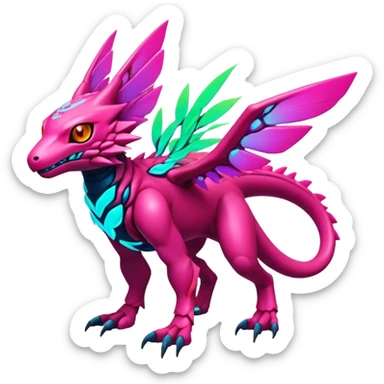 Tropical futuristic lush warm-colored colorful neon Fakémon-Digimon-Trico-Vernid-creature sticker