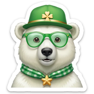 head and shoulders of a friendly anthropomorphised polar bear wearing oversized colorful star glasses, green hat, shamrock accessories, festive shirt sticker