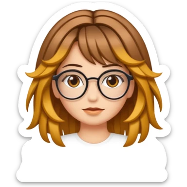 Uma garota de cabelos cacheados com mechas loiras, com pele morena clara e óculos sticker