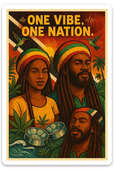 Create a vibrant digital illustration in vintage poster style featuring a proud Trinidadian Rasta man and woman with long dreadlocks and a bold red, gold, and green tam. The background should incorporate the Trinidad and Tobago flag in a stylized, textured way — using deep red, black, and white tones that blend with tropical elements. Surround the figure with iconic cultural symbols like steelpan drums, ganja leaves, and hummingbirds in flight. Add warm Caribbean sunlight, ocean waves, and lush greenery to enhance the island energy. The Rasta man should radiate peace, power, and island wisdom — with bold facial features, calm expression, and a sense of spiritual presence. The overall tone should be rootsy, regal, and rich with island soul — merging reggae culture with Trinidadian pride. Optional accents: subtle soca rhythm lines in the background or a quote like “One Vibe, One Nation.” sticker