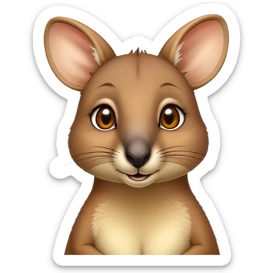 Cinematic Cute Wallaby Portrait Emoji, Head tilted playfully and inquisitively, featuring a glossy tan fur with delicate brown accents and a charming, alert expression, round, sparkling eyes filled with gentle curiosity, Simplified yet irresistibly adorable features, highly detailed, glowing with a warm, friendly glow, high shine, affectionate and bouncy, stylized with a touch of outback whimsy, bright and endearing, soft glowing outline, capturing the essence of a mischievous yet loving wallaby, so playful it feels like it could skip out of the screen into your arms! sticker