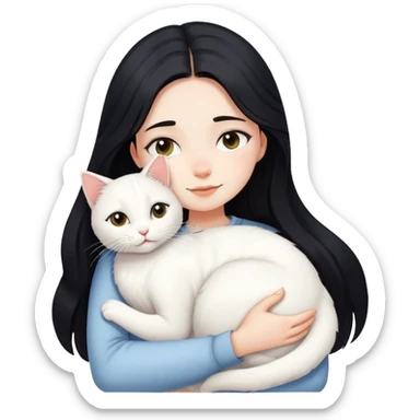 Long black-haired girl hugging a white cat sticker