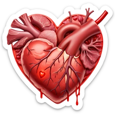 Glowing pieces of red meat and liver floating around a bright red heart and shining blood cells. Red energy streams connect the meats to the blood and heart, showing how heme iron creates vitality and supports circulation throughout the body. sticker