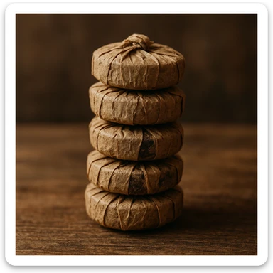 a stack of small pu-erh tea cakes, rustic and artisanal sticker