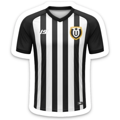 Soccer jersey emoji, cartoon emoji style, front view, black football shirt with a bold vertical white stripe in the center, clean and minimal design, no logo, no sponsor, short sleeves, black round collar, sticker