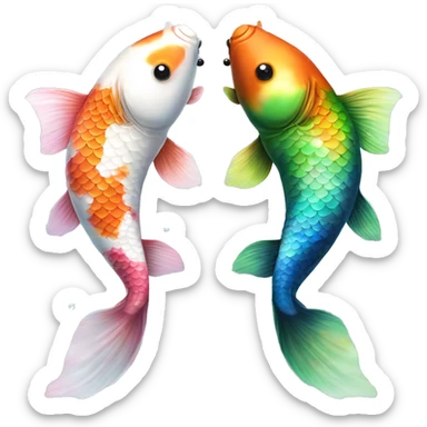 Two realistic koi fish, one green & blue, the other pink & white, swimming in opposite directions, ying yang, Pisces fish, cloudy, water, dreamy, bubbles, iridescent sticker