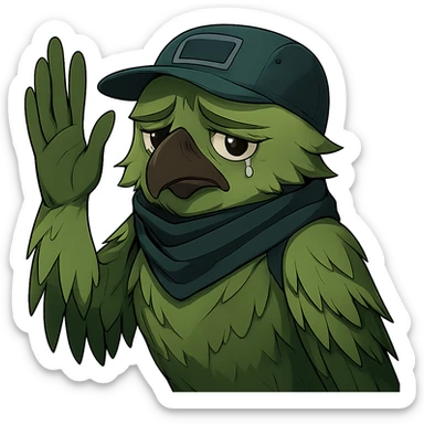Make the anime style green bird inspired by Valorant agent Falko waving and looking sad, more detailed, with no background. Preserve the anime style and green bird characteristics. sticker
