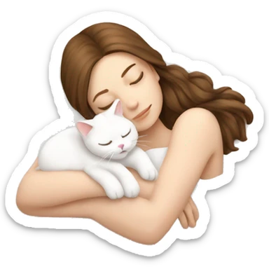 White girl brown hair sleeping with white kitty sticker