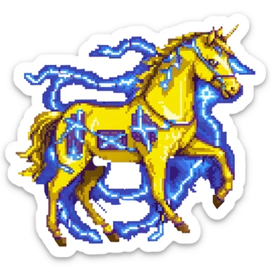 yellow fast electric horse made of electricity, bolts, visible yellow wires, lightning, blue electricity details, galloping sticker
