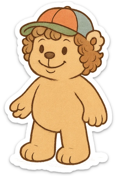 Create a hand drawn cartoon style illustration inspired by Bobbie Goods and Cuzy coloring books. Use soft lines, clean strokes, and a cute, cozy appearance. The character should have a teddy bear body, colorful cap, curly hair, and a friendly smile. The background should be white and ready for coloring. sticker