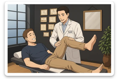 su questo lettino rappresenta un webtoon manga a colori con questo stile, in cui un uomo è steso sul lettino medico e il kinesiologo con il camice bianco (fagli anche la scritta "ANTONIO ANANIA" SUL CAMICE, gli solleva una gamba per fargli il test neuromuscolare, IL KINESIOLOGO SPIEGA ALL'UOMO UNA cosa mentre gli alza la gamba. l'espressione dell'uomo è felice e soddisfatta, non fare i fumetti però, fai solo in modo che sembri stiano parlando sticker