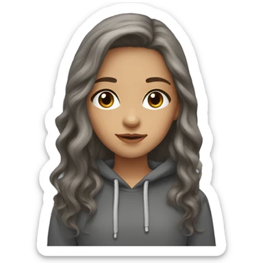 grey eyes, brown wavy long hair, light skin, feminine, dark shirt, grey hoodie, girl sticker