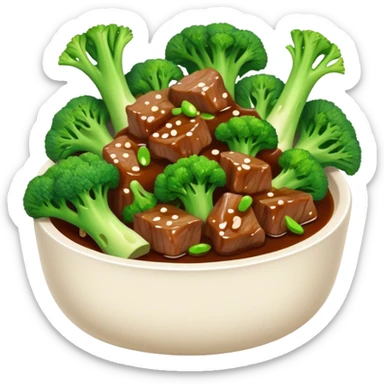 Beef with Broccoli in oyster sauce, simplified emoji style with bold outlines and bright colors, cartoon style stir fried Xi Lan Hua Niu Rou sticker