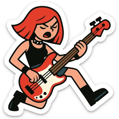 rock girl with red hair and red bass guitar, long bob hairstyle, edgy and dynamic pose sticker