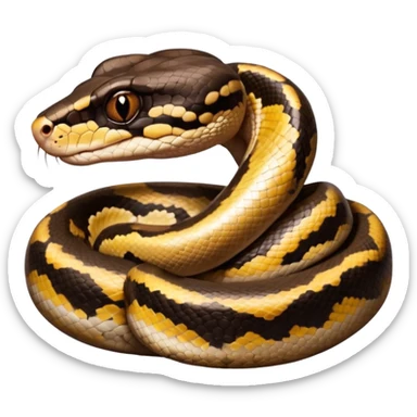 A photo-realistic digital illustration of a Ball Python, large headshot portrait. The snake has a short, rounded snout and smooth, soft contours, with a gentle, inquisitive expression that gives it a slightly playful charm. Its head is warm brown with bold, irregular dark markings. sticker