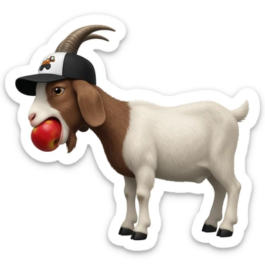 A goat wearing black and white trucker bobcat equipment hat eating an apple. sticker