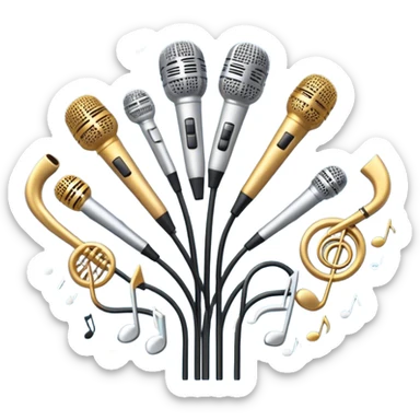 Create a harmonious and elegant emoji that represents choral singing. The design should feature multiple microphones arranged in a semi-circle, symbolizing a choir. Add musical notes flowing around to represent the harmony and unity of the voices. Include subtle elements like sheet music or a conductor's baton to reflect the organized aspect of choral performance. Use colors like gold, silver, and soft blue to evoke a sense of togetherness, professionalism, and grace. The background should be transparent. sticker
