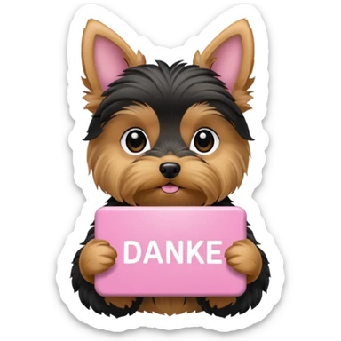 yorkshire dog holding a light pink danke schön sign sticker