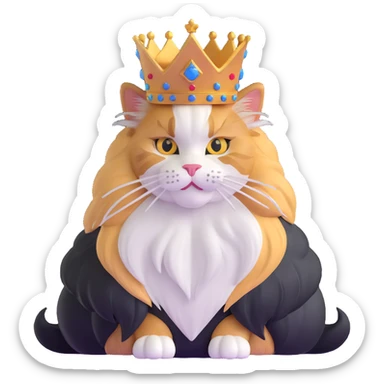 majestic calico maine coon cat with fluffy mane wearing a royal crown sticker