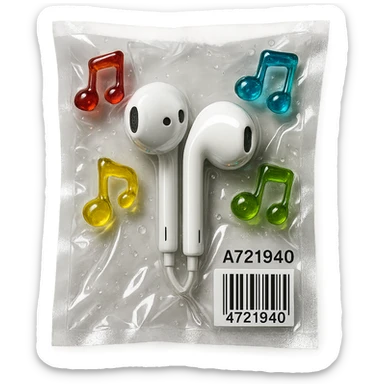 white EarPods headphones surrounded by small colorful glass music notes, glossy and puffy sticker
