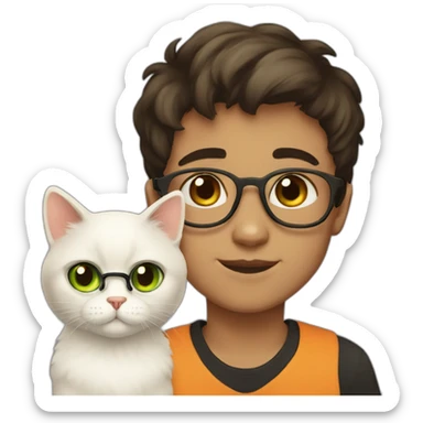 Boy with green eyes, glasses, with black short hair, with orange Persian cat sticker