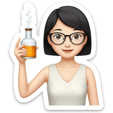 asian teacher with a white dress holding a flask with retangle glasses and black short hand make her smile and point to the right with her other hand sticker