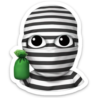 robber emoji with bag of money over shoulder, a ski mask and a stripped shirt sticker